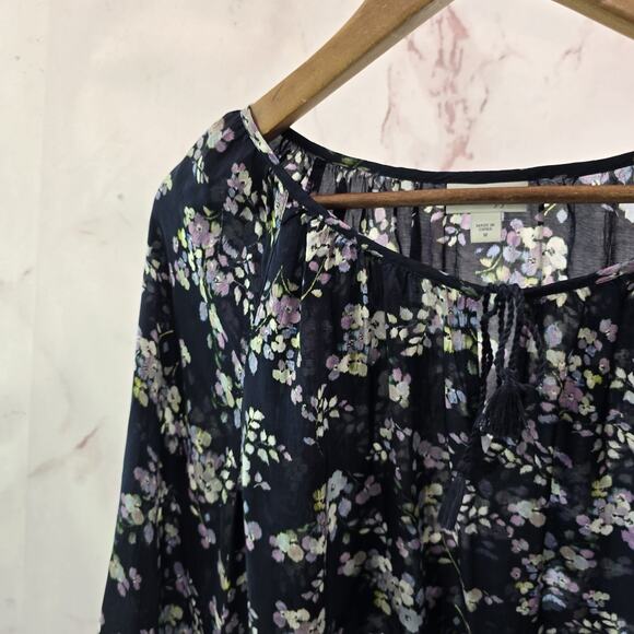 J Jill Shirt Womens Medium Blue Purple Floral Keyhole Blouse Popover Tassel Navy - Picture 2 of 12